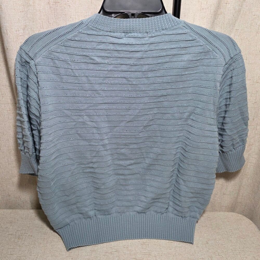 Frye Womens Large Blue Textured Short Sleeve Knit Pullover Sweater